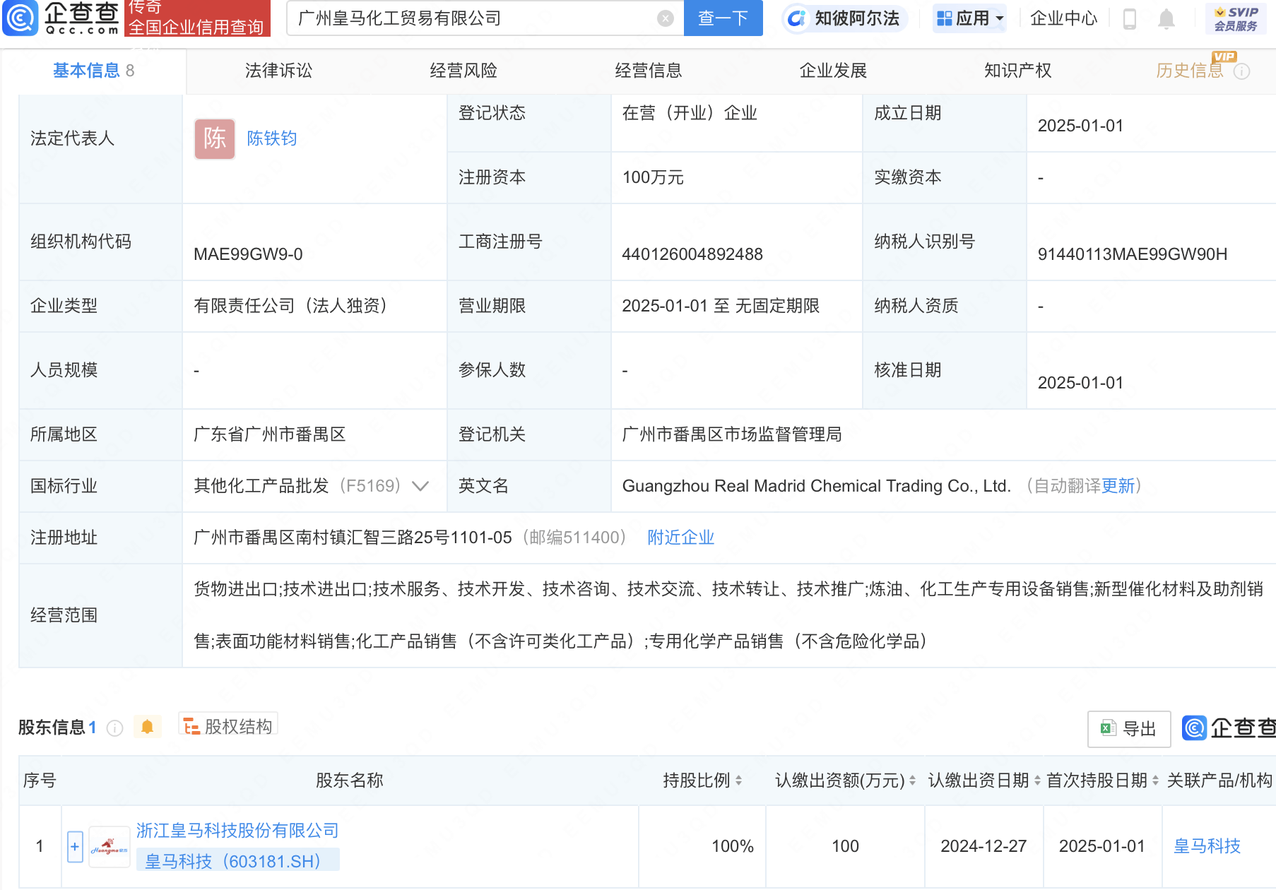 广州皇马化工：皇马科技子公司拓展化工领域