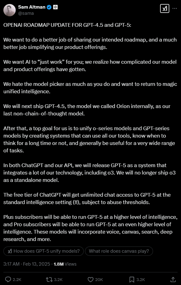 OpenAI凌晨放王炸！GPT-5 即将发布 免费无限使用